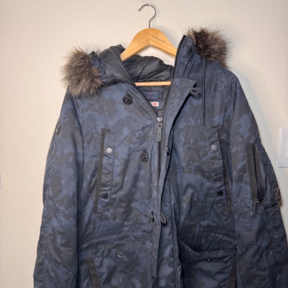 SuperDry SDX Parka Jacket Men's 2XL Blue Camo Faux Fur Trim Hood NWT - Picture 2 of 10